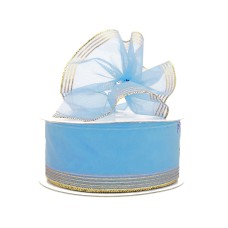 1.5 Inch Lt. Blue Organza Pull Bow Ribbon With 4 Rows of Gold Stripe Accents, 25 Yards (Lot of 1 Spool) SALE ITEM